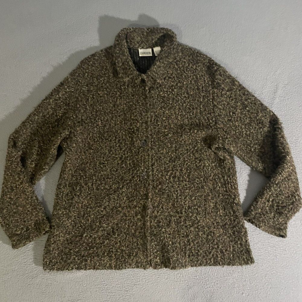 Chico's Size 2 Cardigan Green Sherpa Buttons Vintage 1990s Made In USA Grandma